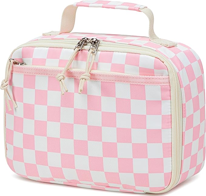 LEDAOU Lunch Box Kids Insulated Lunch Bag Girls Boys Toddler Reusable Lunchbox for School Picnic Hiking (Checkered-Pink)