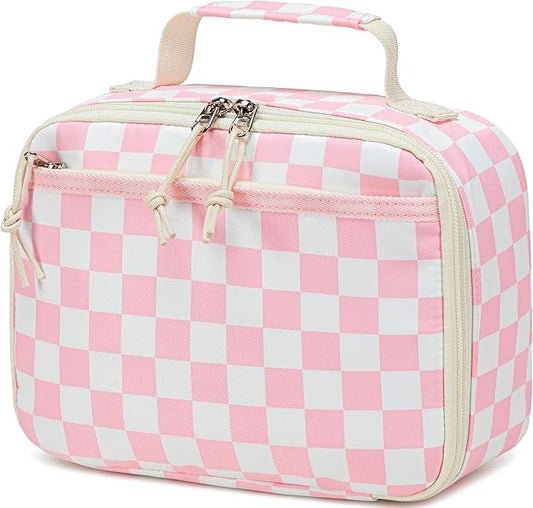 LEDAOU Lunch Box Kids Insulated Lunch Bag Girls Boys Toddler Reusable Lunchbox for School Picnic Hiking (Checkered-Pink)