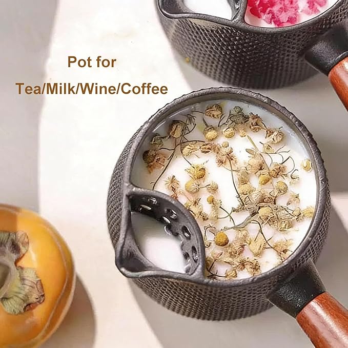 Cast Iron Teapot Stovetop-Tea Pourer Milk Pot Milk Steamer 20 oz-Loose Leaf Tetsubin with Wood Handle,Warm Milk Wine Tea Coffee Elegant Pot for Home Kitchen,Hotel,Restaurant and Office