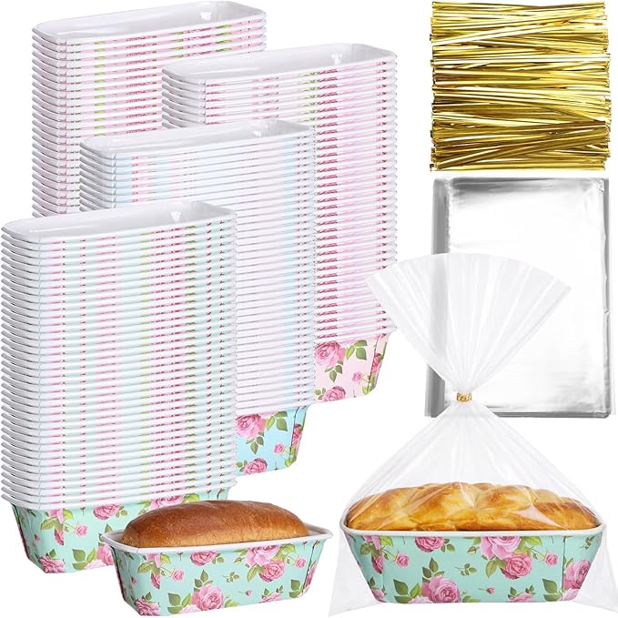 LemonRoad 100 Sets Spring Paper Loaf Pan for Baking 6.3 x 2.2 x 2.2 Inch Small Disposable Rose Flower Baking Pans with Clear Plastic Bags and Ties Rectangle Cake Mold for Bread Tea Party Supply Gift