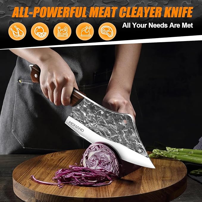 MDHAND Butcher Knife Set, 14PCS Hand Forged Butcher Chef Knife Set with Roll Bag, Heavy Duty Meat Cleaver, Fillet Knives, Meat Cutting Knife for Home Kitchen & Camping BBQ, Gifts for Men Women