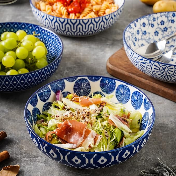 Selamica Ceramic Pasta Bowls Set of 4,Large Salad Bowls, Stackable Serving Bowls, Microwave Dishwasher Safe, 8.6 inch，50 OZ,Vintage Blue