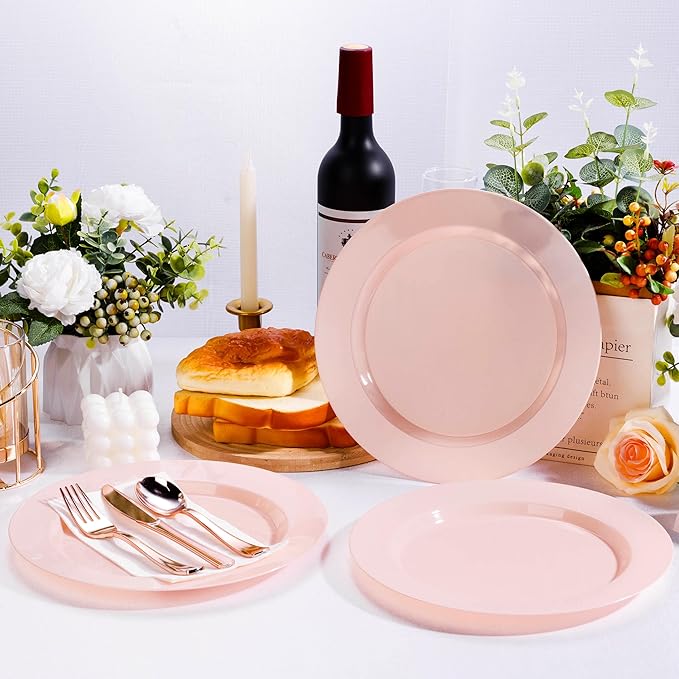 100PCS Pink Plastic Dinner Plates 10inch, Premium Hard Disposable Plates for Party, Wedding