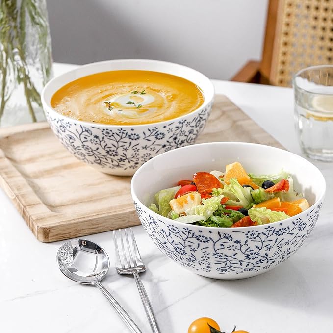 Ceramic Soup Bowls Set of 2, Large Pho Bowls 42oz, Blue Serving Bowls for Breakfast, Japanese White and Blue Bowls for Cereal Salad, Rice, Snack, Raman, Pasta, Fruit, Microwave Dishwasher Safe, 7 inch