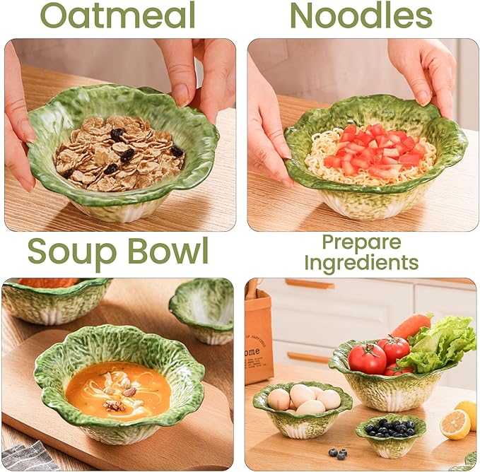 KXZ Green Ramen Noodle Bowls Microwavable 7 Inch, 16 Oz Ceramic Dinner Bowl Sets of 4 for Kitchen, Orcelain Silverware Set for Cereal, Soup, Serving, Rice, Pho, Salad, Pasta, Chip, Fruits, Vintage