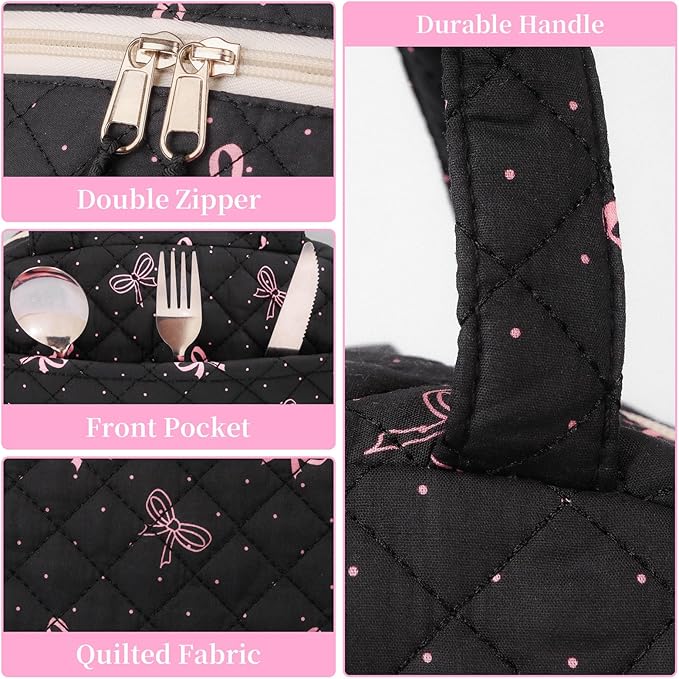 Quilted Lunch Box for Women,Coquette Aesthetic Lunch Box for Teen Girls,Cute Floral Lunch Bags for Work, School,Office,Picnic,Travel (black bow polka dots)