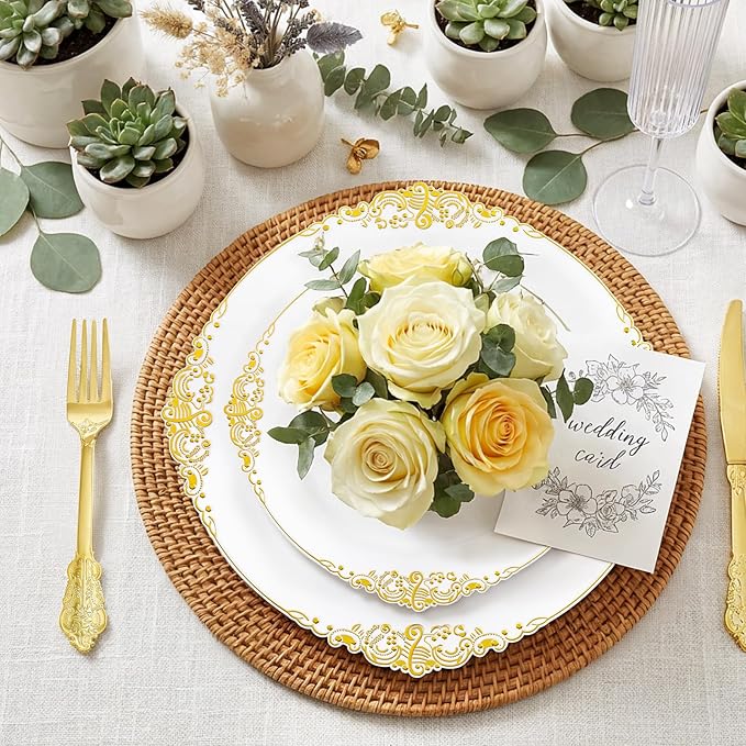 200PCS White and Gold Plates - Gold Plastic Plates - Fancy Disposable Plate - Gorgeous 10inch Dinner & 7.25inch Dessert Plate for 100 Guests for Wedding & Party