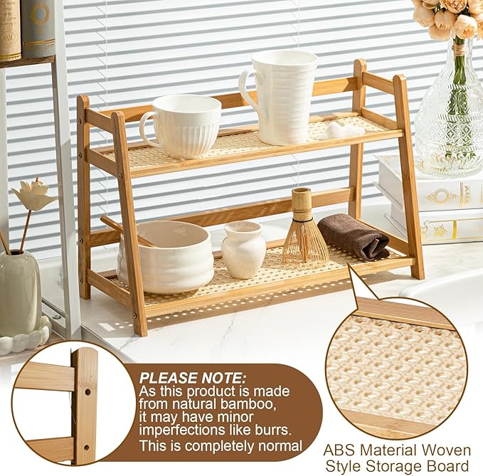 1 Pcs 2 Tier Matcha Station Shelf Bamboo Coffee Mug Stand Countertop Storage Rack, Double Layer Rattan Office Cup, Kitchen, Tea, Plant, Bar Accessories Condiment Display (Wood,17.7 Inch)