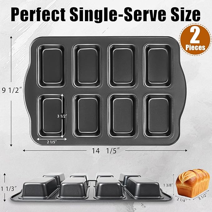 Carbon Steel Mini Loaf Pans 2 Pack, 8x2 Non-Stick Square Small Cornbread Loaf Pan for Baking Bread Banana & Brownies
