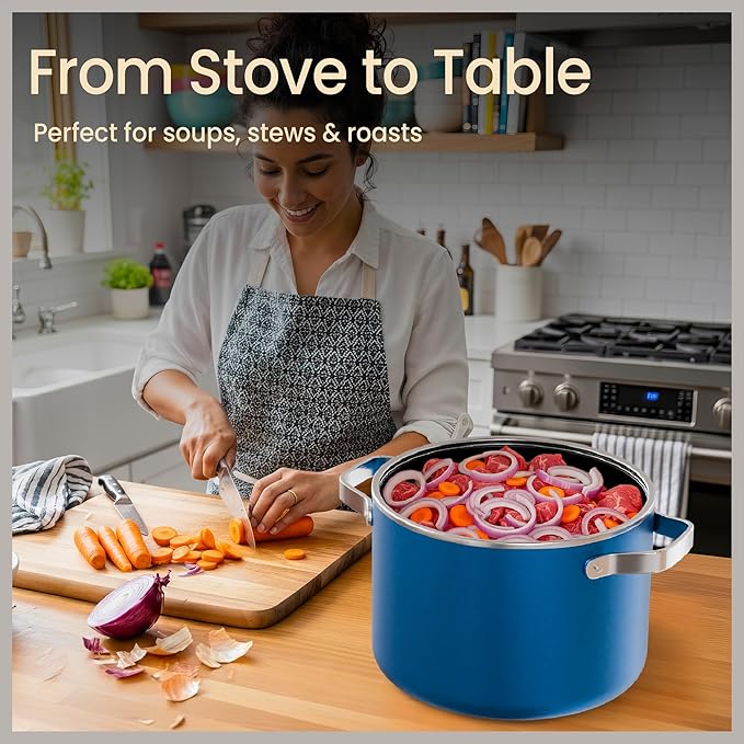 Bakken 5 Quart Ceramic Coated Stock Pot with Lid, Easy to Clean Nonstick Pot, Tempered Glass Lid, Riveted Stainless Steel Handles, Oven Safe Up To 500°F, PTFE & PFAS Free, All Stove Compatible, Blue