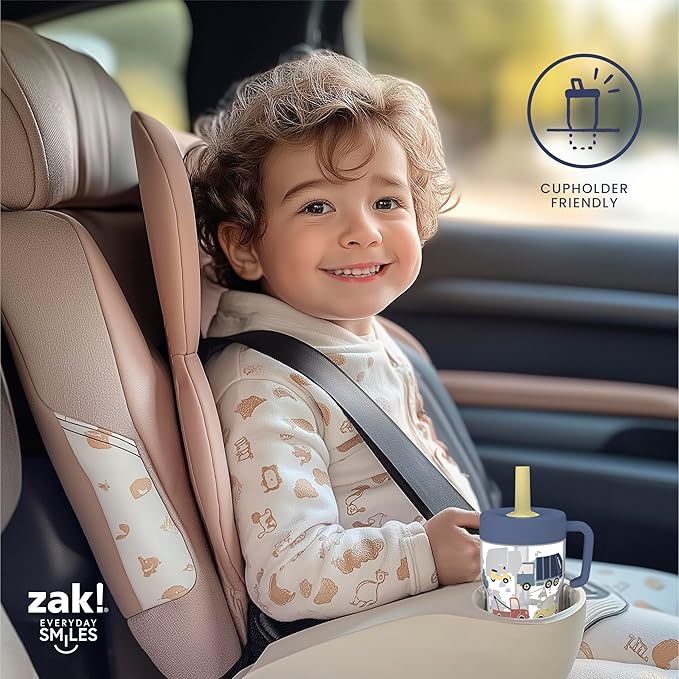 Zak Designs Capri Toddler Tumbler For Travel or At Home, 10oz 2-Pack Durable Plastic Sippy Cups With Handle and Leak-Proof Design are Perfect For Kids (Wheels, Blue)