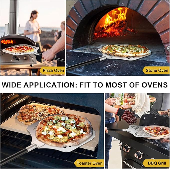 12 Inch Perforated Pizza Peel Aluminum Pizzas Spatula, Joyfair Metal Pizza Paddle with Rocker Cutter Pizza Oven Accessories Turning Tool Set, 38.5”- 49” Long Detachable Handles (Painted Handle)