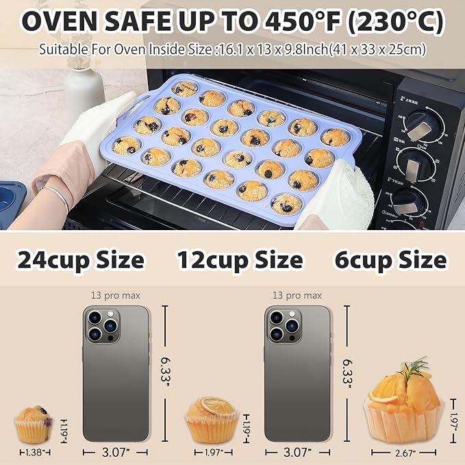 Mini Silicone Muffin Pan with Metal Frame, Non Stick Silicone Cupcake Pan with Handles 24 Cup, BPA Free Silicon Muffin Tin Tray Small for baking, egg bites, Cupcake Mold Blue