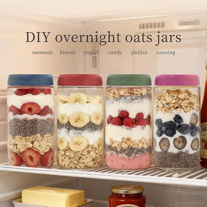 24oz 4Pack Glass Overnight Oats Jars Containers with Airtight Leakproof Lids, Reusable Mason Jars for Meal Prep, Yogurt Parfaits, Smoothies, Salads & Healthy Breakfasts (24 OZ-4-1)