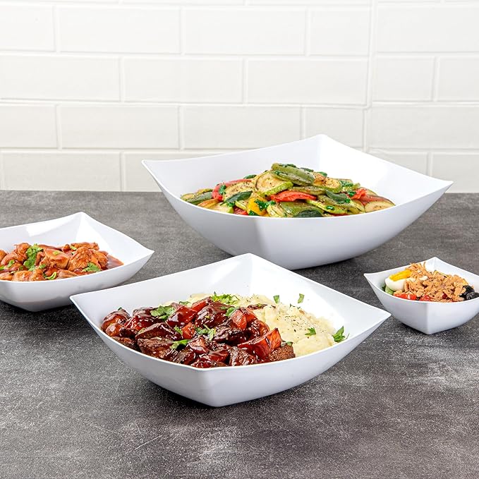 Restaurantware Moderna 64 Ounce Fancy Plastic Bowls 10 Square Disposable Salad Bowls - Durable Heavy-duty White Plastic Bowls For Warm And Cold Foods