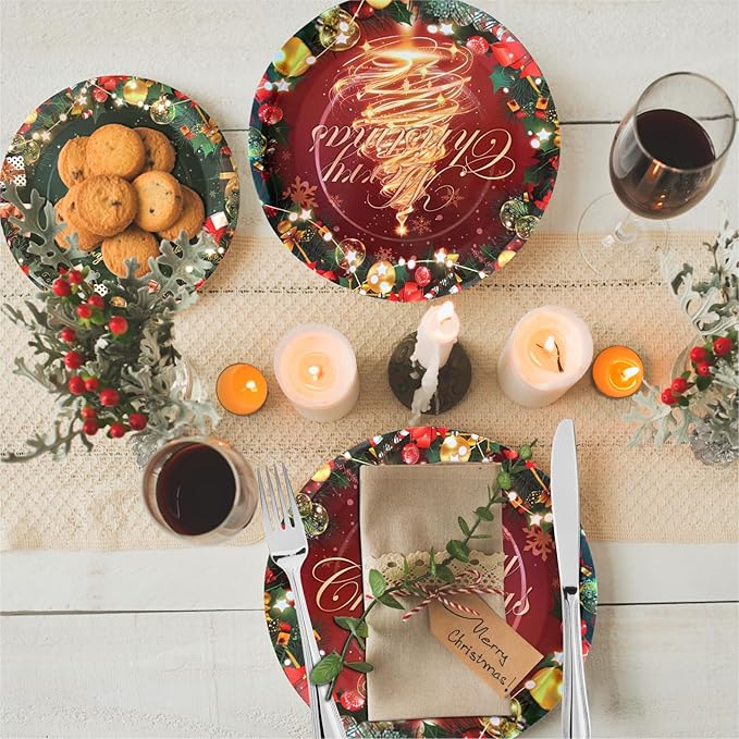 Christmas Paper Plates, 40pcs Party Paper Plate Set Disposable Christma Party Food Dinner Dessert Plates Tableware Decorations Favors, Including 20pcs 9" and 20pcs 7" for Christmas Plate