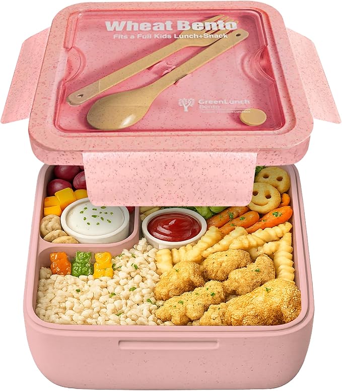 Lunch Box for Kids, Large 2-Compartment, Durable and Microwave Safe, BPA-Free with Utensils, Wheat Straw Snack Containers for Kids – Pink