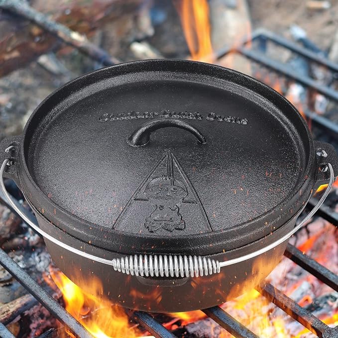 LIFERUN Dutch Oven Pot with Lid, 4.2 Quart Cast Iron Dutch Oven, without Feet, with Stand & Spiral-shaped Handle, Cast Iron Pot for Outdoor & Indoor, Black