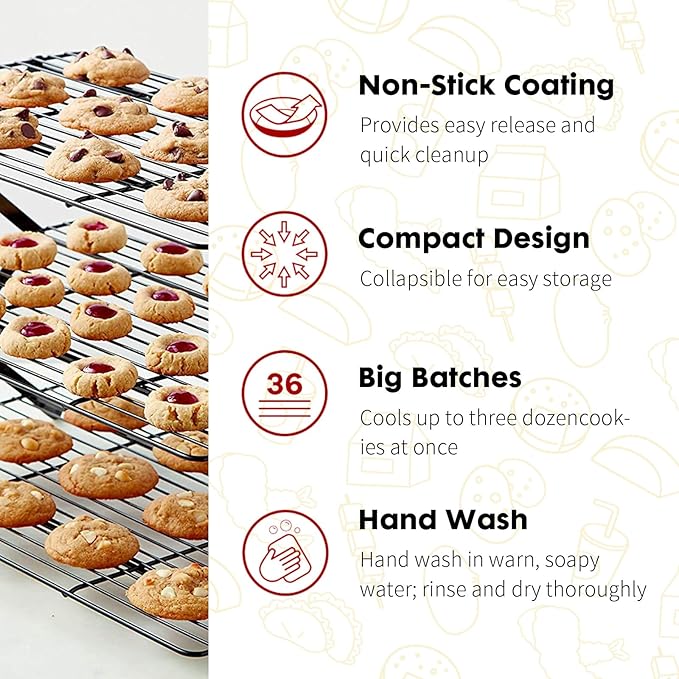 PowerKing 4-Tier Cooling Rack for Baking - 15.75" x 9.84" Stackable Stainless Steel Wire Rack, Non-Stick, Collapsible, Space-Saving Design for Cookies, Cakes, and More, Gifts for Baking Enthusiasts