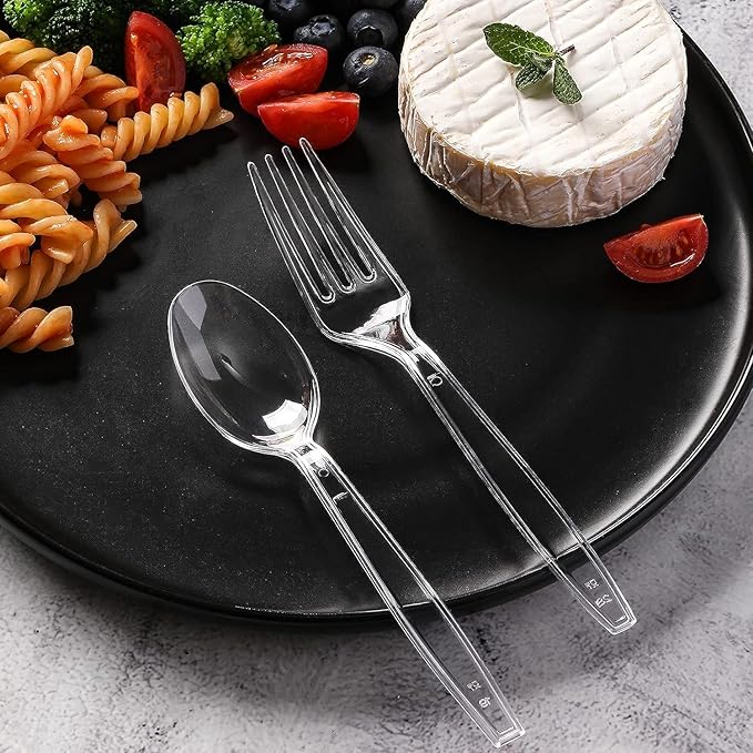 [400 Count] Clear Plastic Forks and Spoons Set Bulk - Heavy Duty Disposable Spoons and Forks Silverware, Plastic Utensils Cutlery Set for Party (Pack of 2)