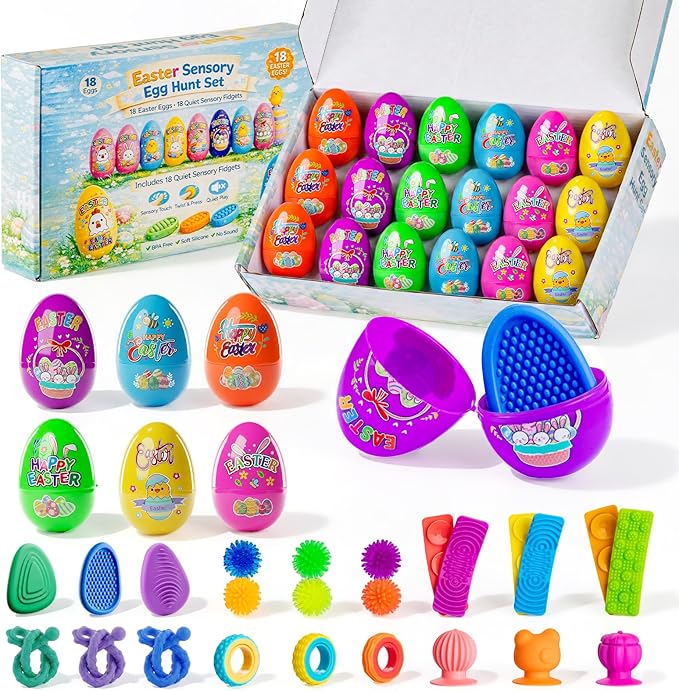 Easter Basket Stuffers, Prefilled Easter Eggs with Quiet Sensory Fidgets, Textured Stone & Suction Toys & Spinner Ring for Kids Calming, Autism Anxiety Tools Classroom Prizes (18 PCS)