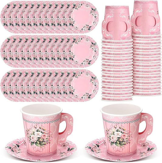 200 Pcs Floral Paper Tea Cups and Saucers 7 oz Disposable Tea Party Decorations Vintage Cute Paper Tea Cups and Plates with Handles for Girls Wedding Baby Bridal Shower Birthday, Serve 100(Pink)