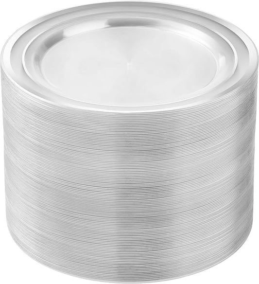 BESTSTAR 100PCS Clear Plastic Plates for Party, 10.25 Inch Disposable Plates with Silver Rim, Heavy Duty Dinner Plates for Wedding and Birthday