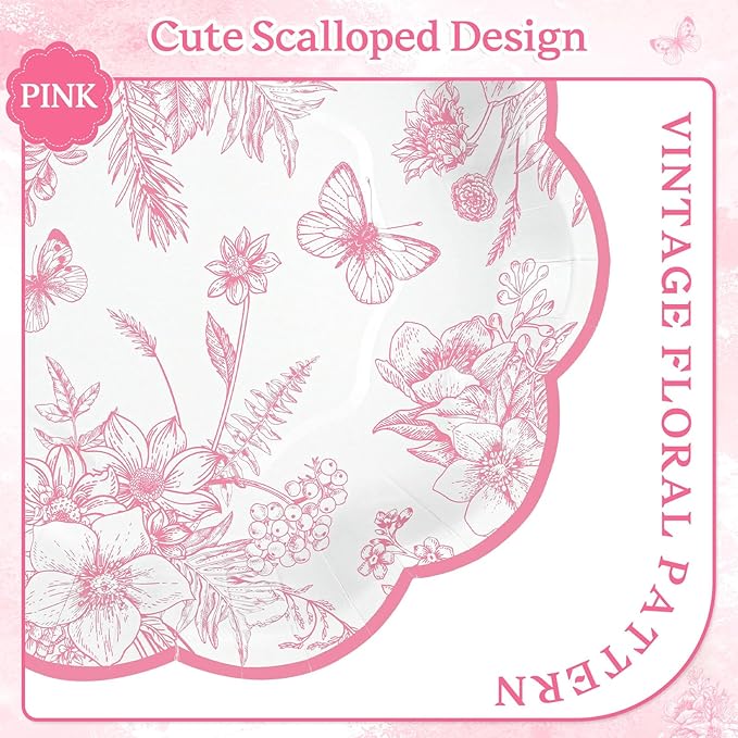 30 Pcs Pink Floral Paper Plates, 7 inch Tea Party Plates Vintage Flower Toile Plate Pink and White Dessert Plate Disposable for Easter Baby Bridal Shower Mother's Day Birthday