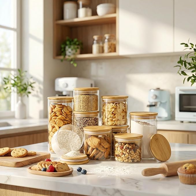 Glass Jars with Bamboo Lids 17 FL OZ [Set of 12], Glass Canisters with Airtight Lids, Glass Food Storage Containers for Spice, Coffee, Sugar, Tea, Candies, Cookies,Best for Kitchen & Pantry