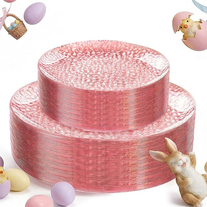 Rubtlamp 60PCS Pink Plastic Plates, Disposable Pink Easter Plates with Hammered Design, Heavy Duty Plastic Platos Fancy Party Platos Include 30 Dessert Plate & 30 Dinner Plate for Bridal Wedding