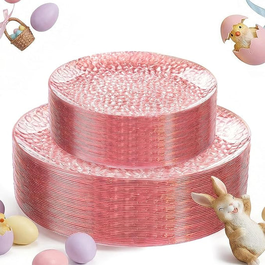 Rubtlamp 60PCS Pink Plastic Plates, Disposable Pink Easter Plates with Hammered Design, Heavy Duty Plastic Platos Fancy Party Platos Include 30 Dessert Plate & 30 Dinner Plate for Bridal Wedding