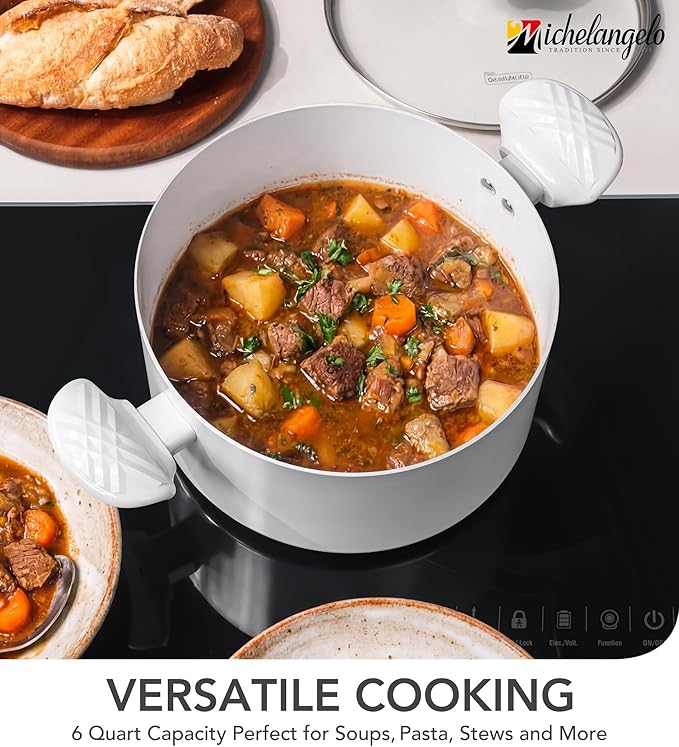 MICHELANGELO Stock Pot with Lid, 6 Quart Soup Pot with Lid, Nonstick Ceramic Cooking Pot with Stay-Cool Handle, Induction Compatible - 6QT, White