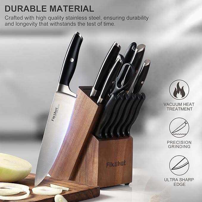 Knife Set 14-Piece Ultra-Sharp Full Tang Chef Knives with Block and Sharpener, High-Carbon Steel Black Handle for Kitchens, BBQs and Feasts, Rust-Resistant, Dishwasher-Safe, Gift for Chefs