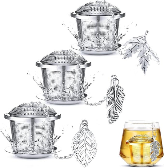 3 Sets Tea Infusers Steeper for Loose Leaf Tea Holder Stainless Steel Tea Ball Mesh Strainer Filters with Drip Trays and Pendant(Forest Style)