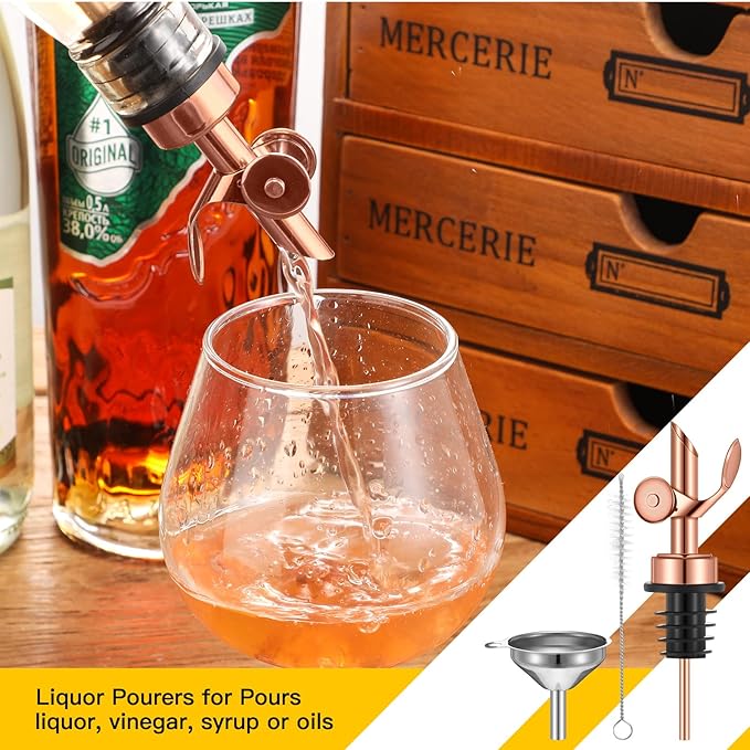 Tioncy 4 Pieces Weighted Stainless Steel Pourers Olive Oil Spout Olive Oil Dispenser Spout Automatic Opening and Closing with Funnel and Brush for Pouring Wine Syrup Kitchen(Rose Gold)