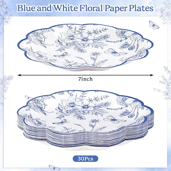 30 Pcs Blue Floral Paper Plates, 7 Inch Tea Party Plates Vintage Chinoiserie Flower Plate Disposable Blue and White Dessert Plate for Spring Garden Party Baby & Bridal Shower Birthday Wedding