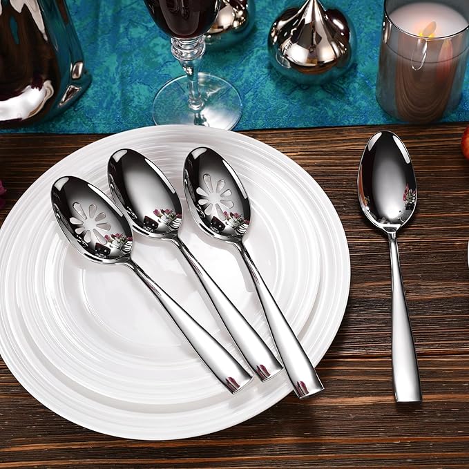 KEAWELL Premium Louis Serving Utensils, 18/10 Stainless Steel, Squared Edge Design, Mirror Finish, Dishwasher Safe (Serving Spoons, Set of 4)