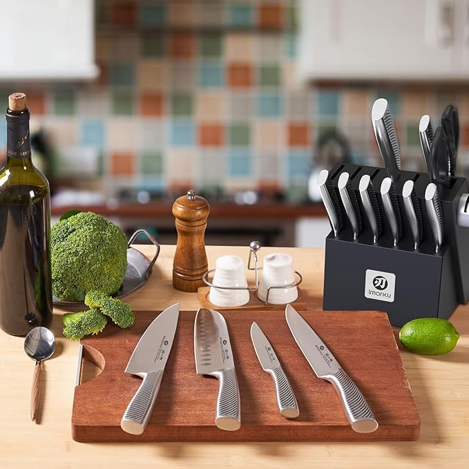 imarku 14-Piece Knife Block Set, Knife Set with Block and Build-in Sharpener, Japanese Stainless Steel Knife Set for Lasting Sharpness, Dishwasher Safe, Black