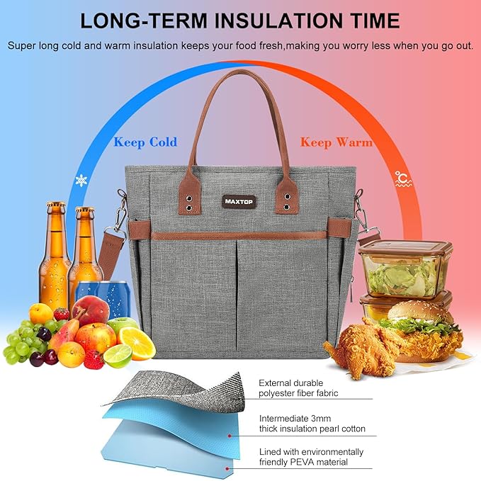 MAXTOP Lunch Bag Women for Work Insulated Thermal Lunch Box with Wide-Open Pocket Reusable Leakproof Cooler Bags with Removable Shoulder Strap for Teacher Nurse Office Picnic Travel Grey