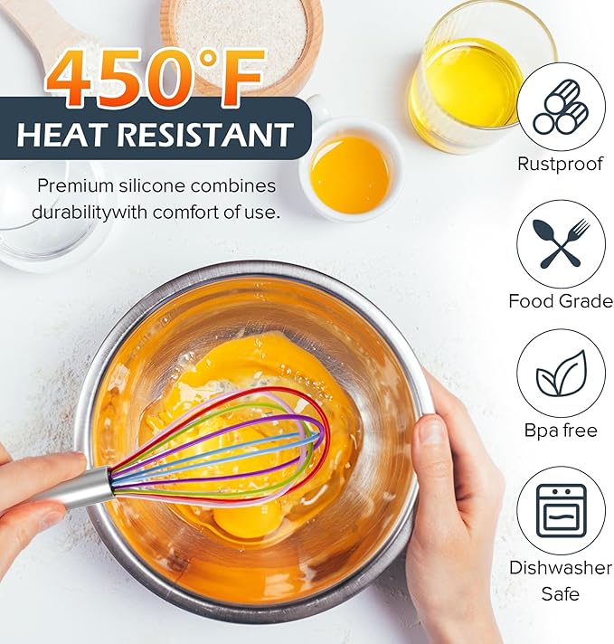 Silicone Whisk, 3 PCS Stainless Steel Wire Whisk Set, Rubber Whisks for Cooking, Non-stick Cookware, Kitchen, Balloon Egg Beater Perfect for Blending, Whisking, Rainbow
