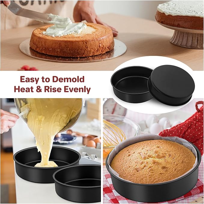 E-far 9½ Inch Cake Pans Set of 2, Nonstick Round Baking Pans Tins Set for Birthday Wedding Layer Smash Cakes, Stainless Steel Core & Nontoxic Coating, Straight Side & 2 Inch Deep (Black)