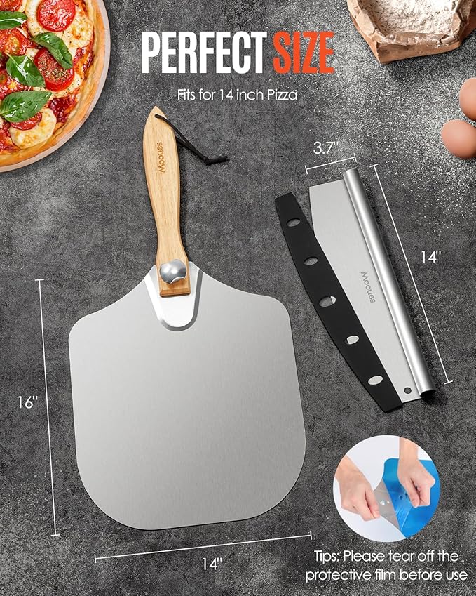 Pizza Peel Aluminum Pizza Spatula, Metal Pizza Paddle(14inx 16in) with Rocker Cutter Foldable Wood Handle, [Storage bag included], for Family Pizza Oven Baking Pizza, Dough, Bread & Pastry