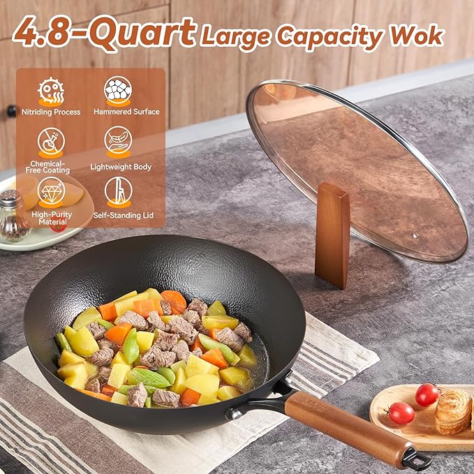 12.6 Inch Carbon Steel Wok Pan with Standable Tempered Glass Lid, Flat Bottom Wok, Non-Coated Stir Fry Pan with Wood Handle for Induction, Gas, Electric and Ceramic Stovetops