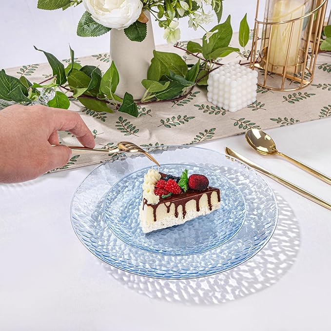 Rubtlamp 60Pcs Easter Plastic Blue Plates, Heavy Duty Disposable Plates, Blue Hammered Party Plate Include 30 Dinner Plate, 30 Dessert Platos, Fancy Disposable Platos For Spring