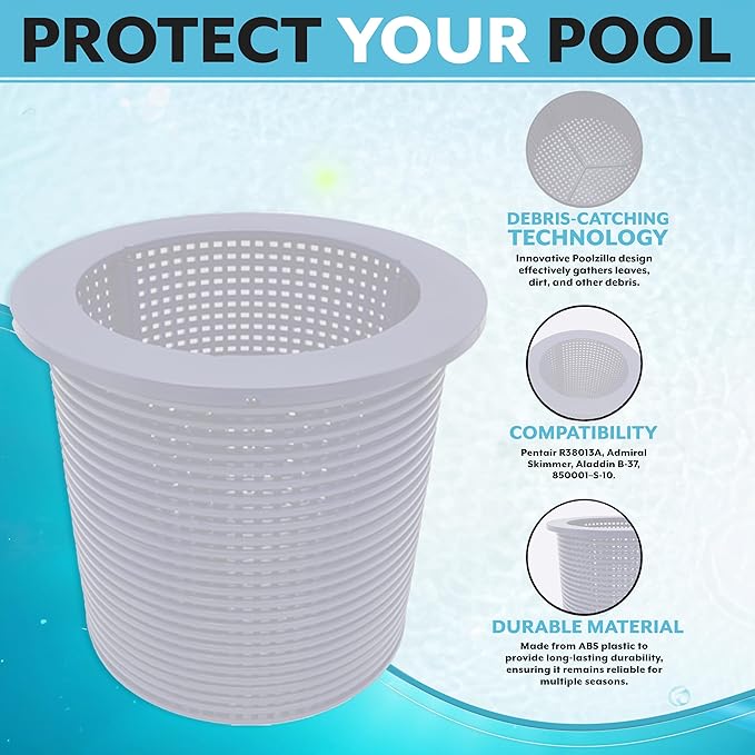 Poolzilla 1 Pack Premium Skimmer Basket, (White) Replacement for Pentair 38013A fo Floating Weir, Admiral Skimmer, Aladdin B-37, 850001–S-10, Made of Durable ABS Plastic
