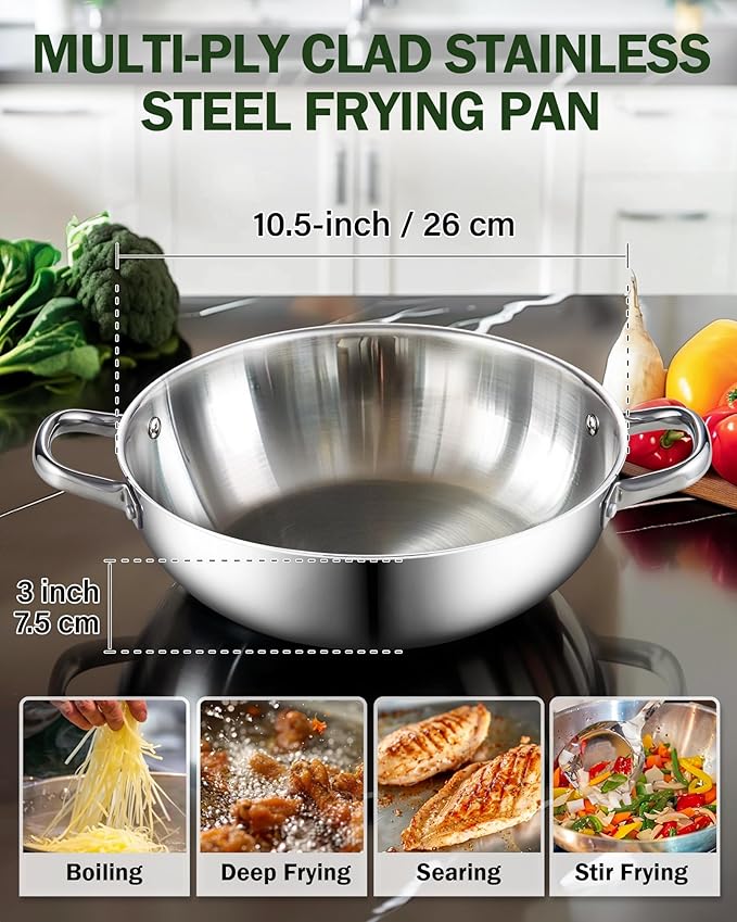 Cook N Home Stainless Steel Wok Pan with Lid, 12 inch Tri-Ply Clad Stainless Flat Bottom Wok Stir Fry Pan, Dishwasher and Oven-Safe, Compatible with All Cooktops