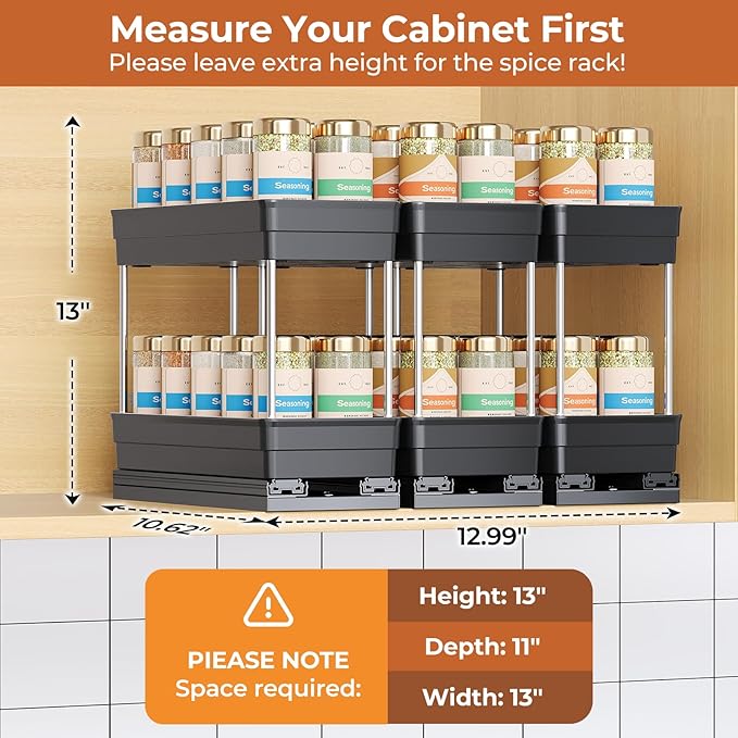 Pull Out Spice Rack Organizer for Cabinet, Slide Out Spice Racks Organizer, Easy to Install Spice Cabinet Organizers, 4.33''Wx10.62''Dx8.66''H, 3 Packs -2 Tiers (Black)