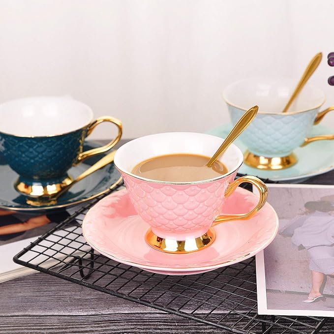 VanEnjoy Blue Vintage 8 Ounces Porcelain Coffee Cup, Tea Cup and Saucer Set and Saucer with Decorative Scale Pattern, vintage