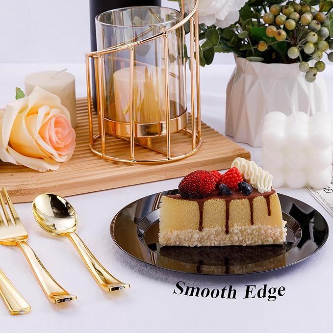 100PCS Black Plastic Dessert Plates 7inch, Premium Hard Disposable Plates for Party, Wedding