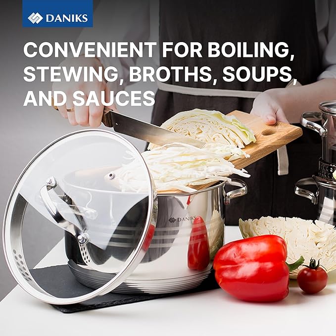 Daniks Tokio Stainless Steel Stock Pot 2 Quart, with Glass Strainer Lid, Induction Ready, Dishwasher Safe, Measuring Scale, Silver